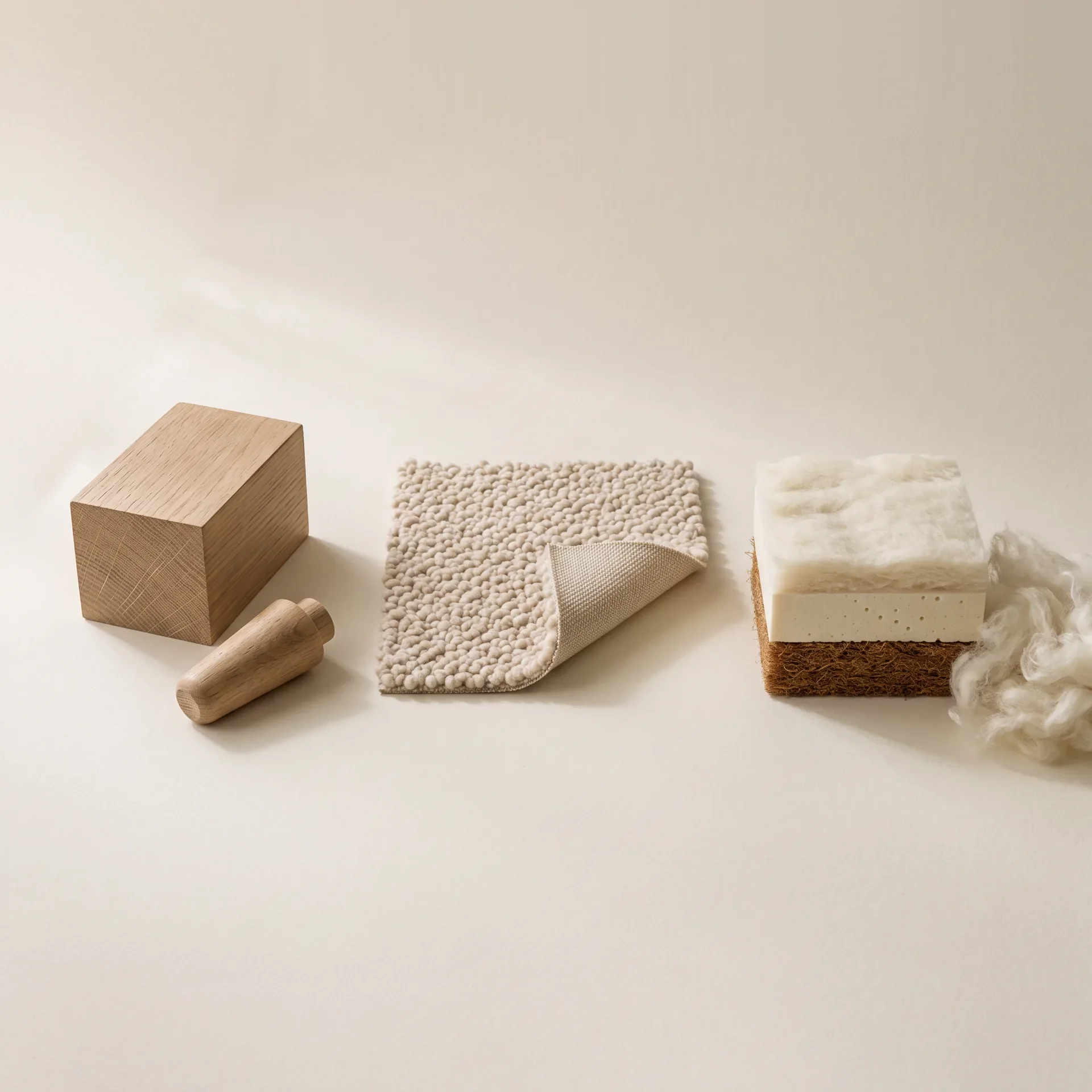What the bed is made of, laid out on cream paper: a block of solid oak and a turned oak leg, a swatch of merino boucle with one corner turned back, and a cut sample of the filling in coconut fibre, natural latex and merino wool