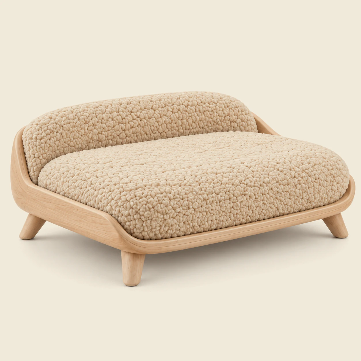 The Bed on its own: a deep merino boucle cushion and backrest in a curved oak frame on four short tapered legs