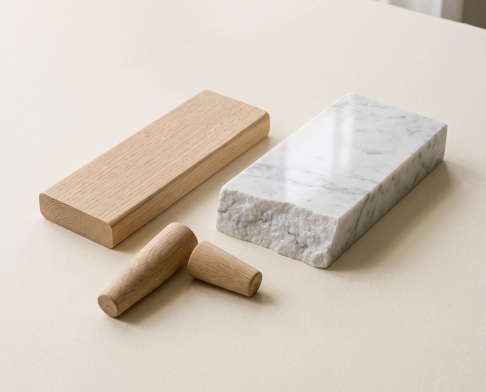 What the bowls are made of, laid out on cream paper: an offcut of the oak stand, turned oak legs, and a block of white marble with grey veins, its front left as raw split stone