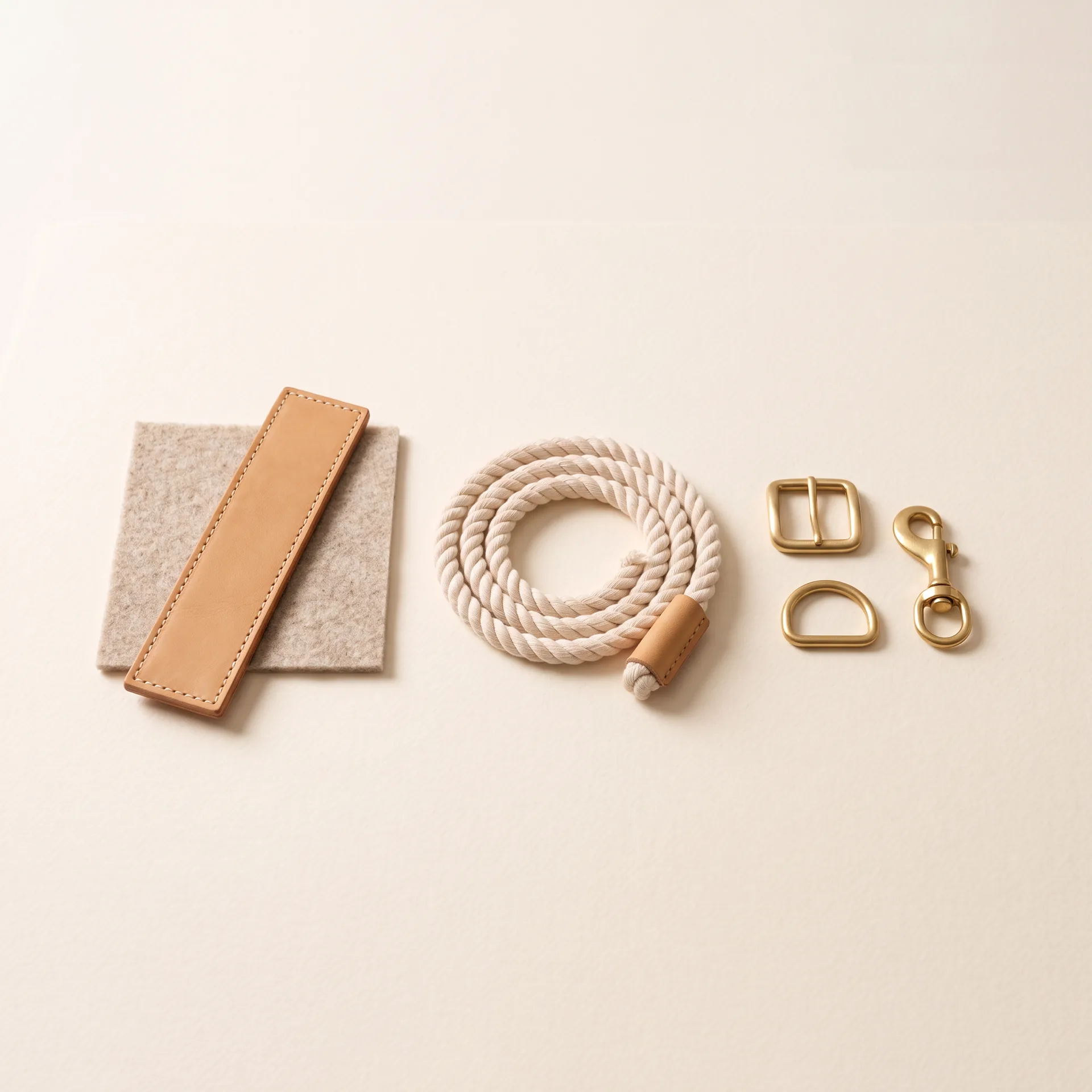 What the walk set is made of, laid out on cream paper: a strip of stitched honey leather over its wool felt lining, a coil of cream cotton rope with a leather collar, and a brushed brass buckle, D-ring and clip